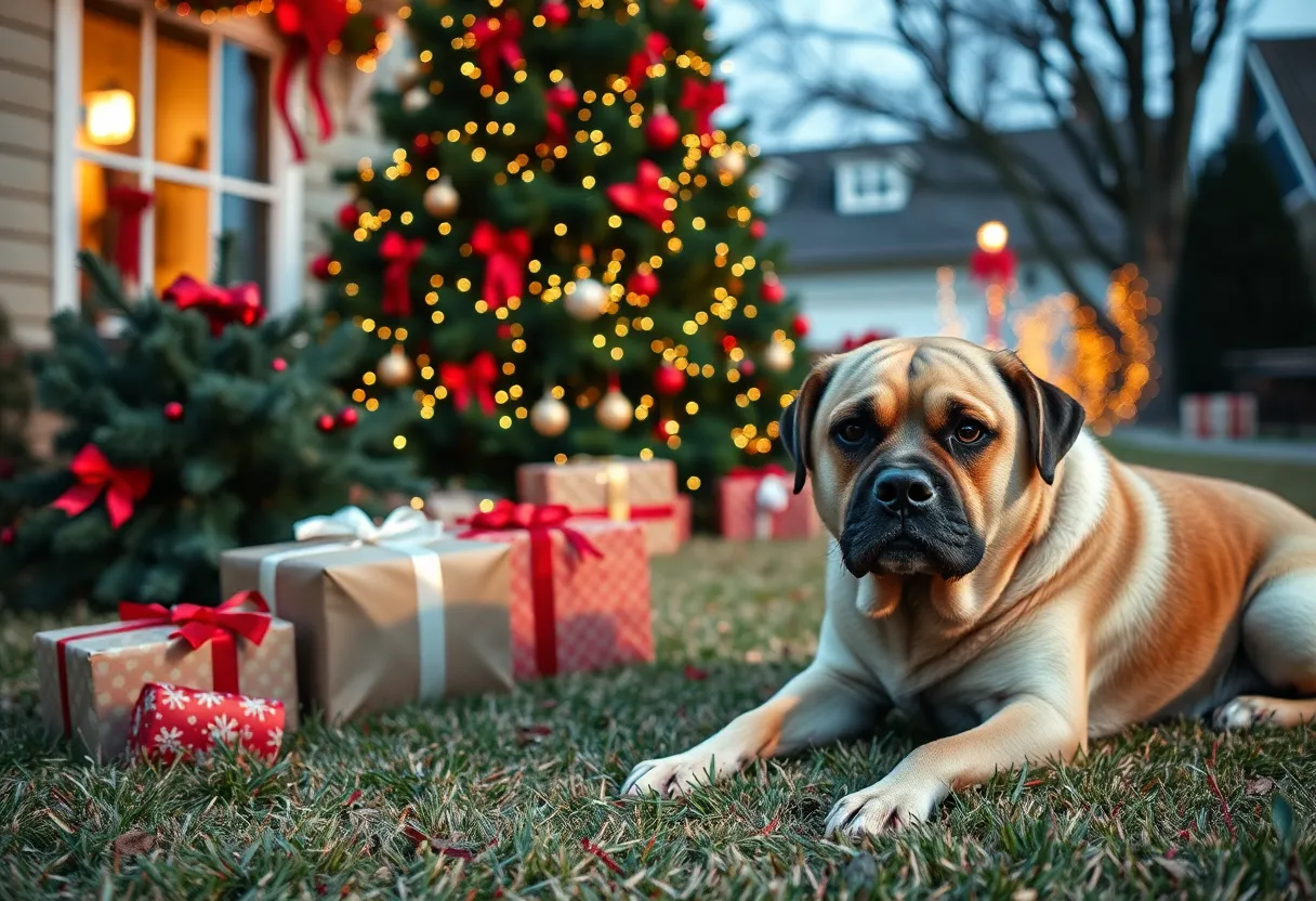 Injured dog in a Christmas-themed yard after a package theft incident