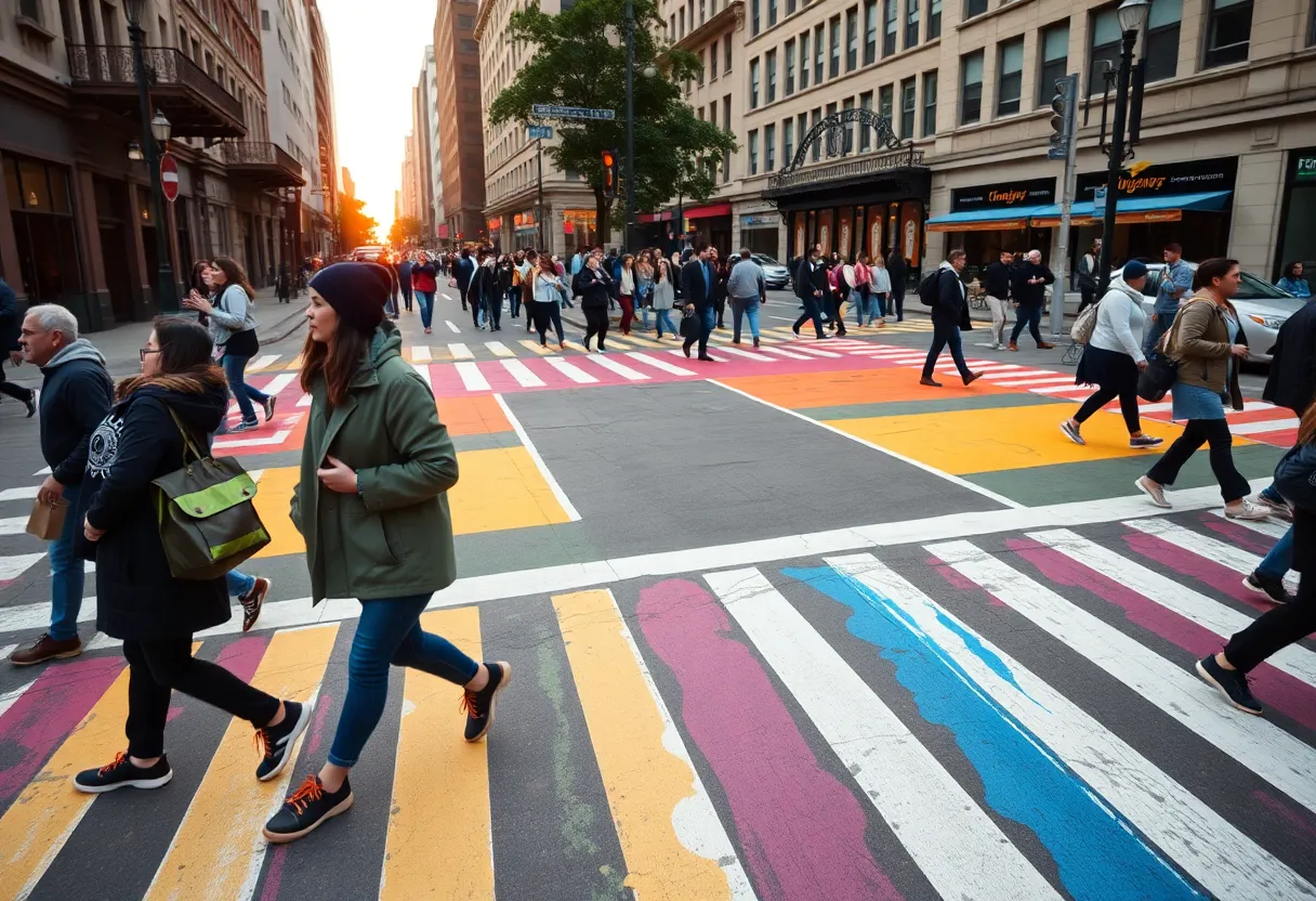 Colorful hand-painted crosswalks in a busy city intersection.