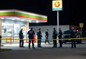 Law enforcement at a convenience store crime scene in Southern California