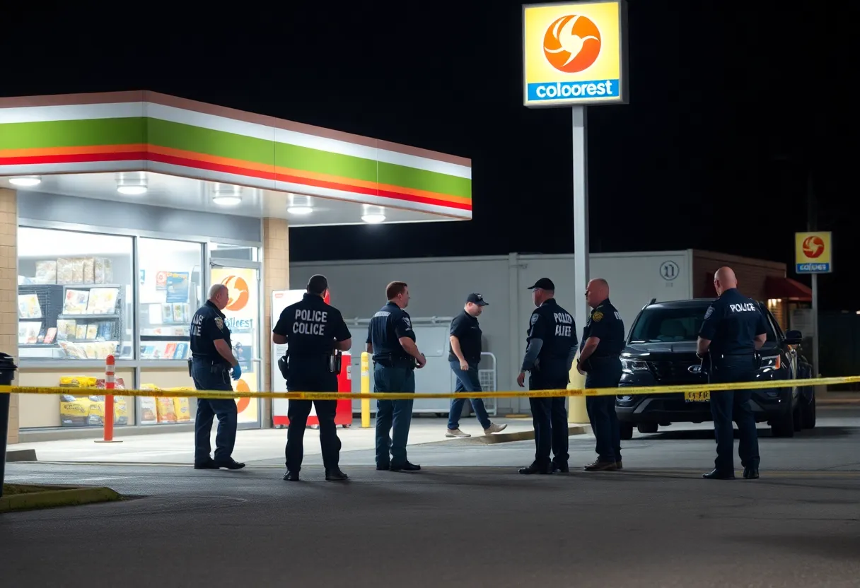 Law enforcement at a convenience store crime scene in Southern California