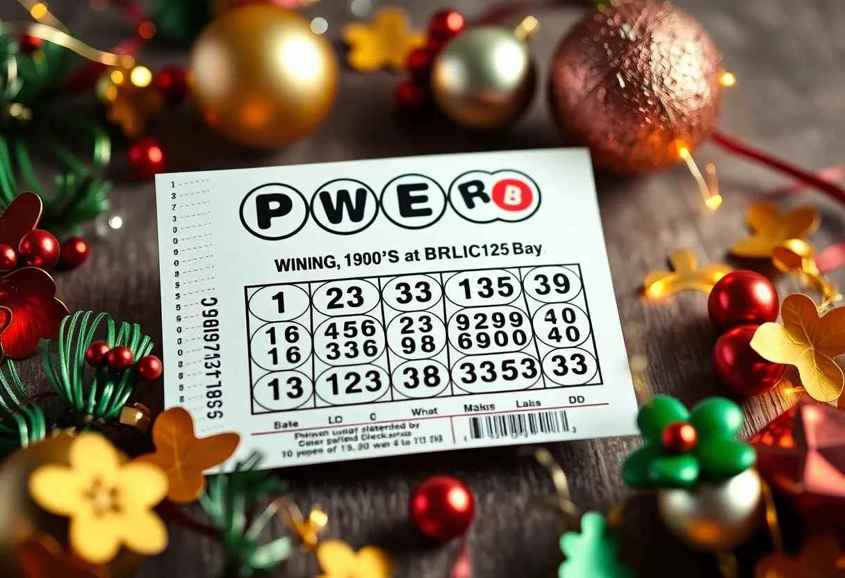 Powerball lottery ticket with winning numbers and festive decorations.