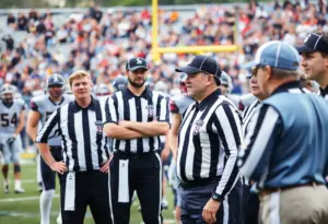 A football game depicting players and referees with intense focus.
