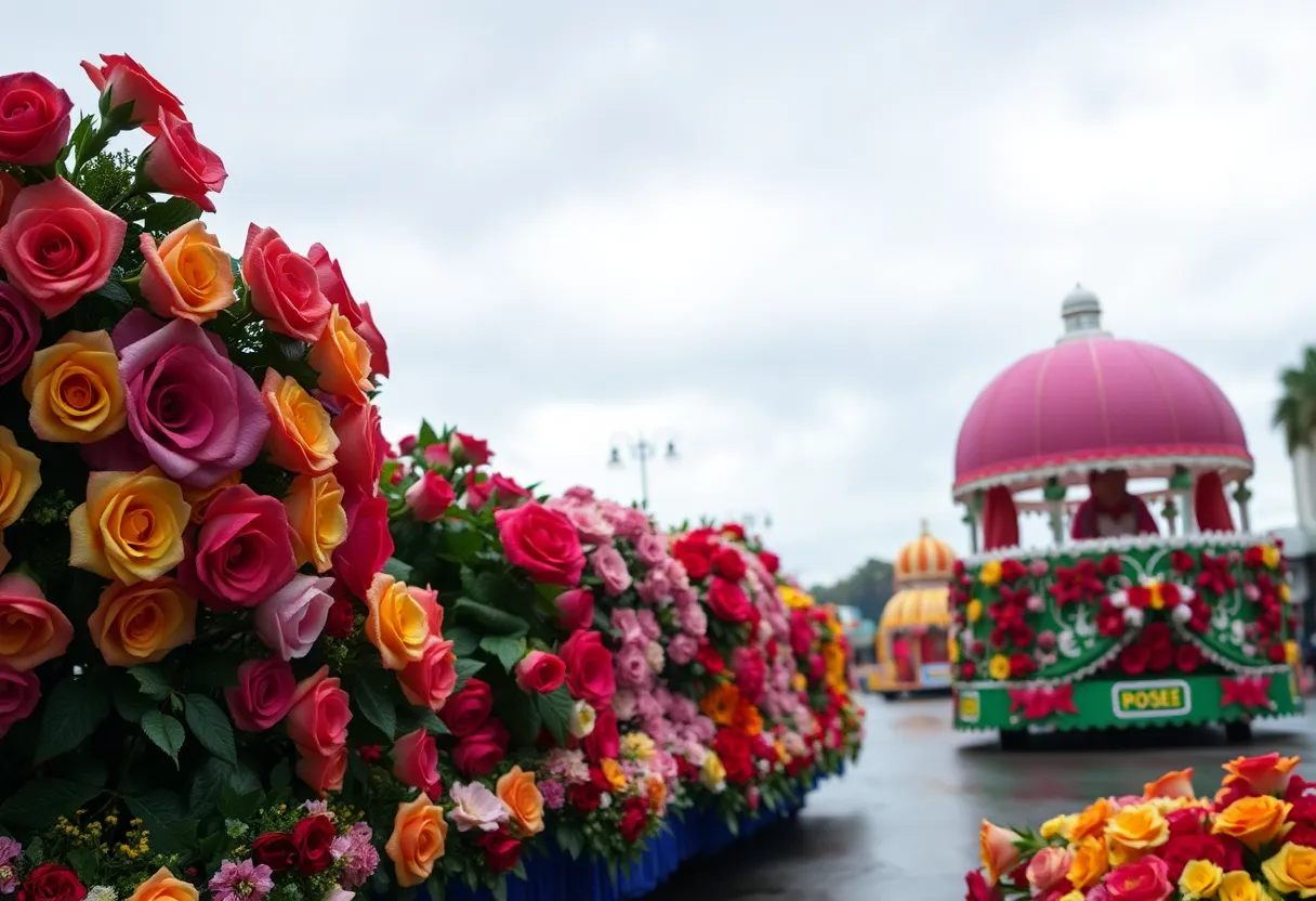 Floats at the Rose Parade in Pasadena under rainy weather