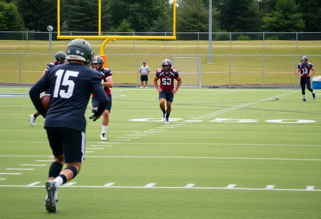 Los Angeles Rams players practicing on the field