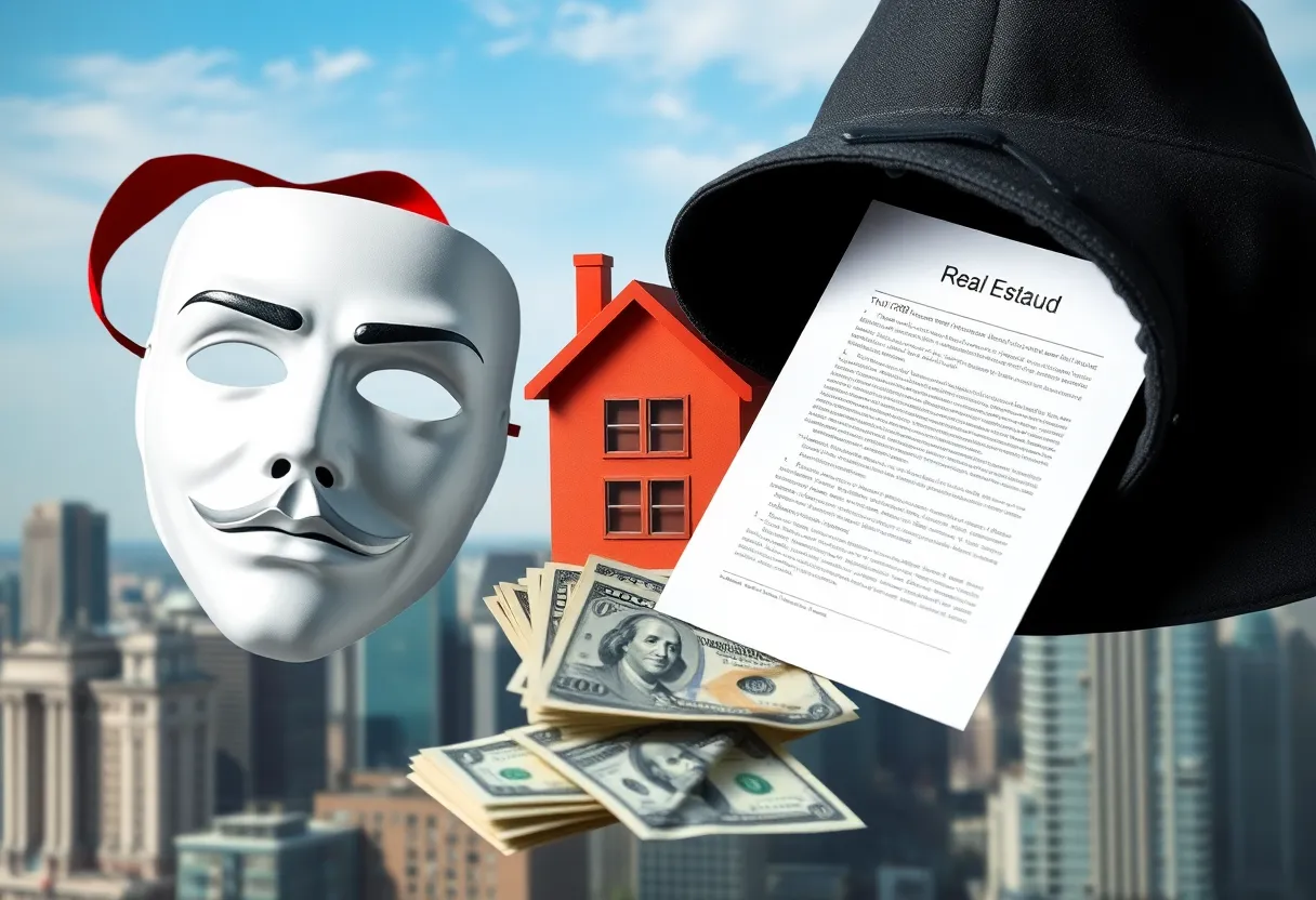 An artistic representation of real estate fraud showing elements of deception.