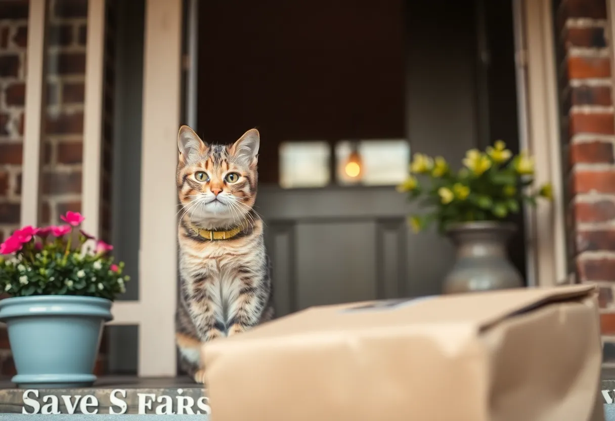 Siamese cat looking out from a porch with a delivery package nearby.