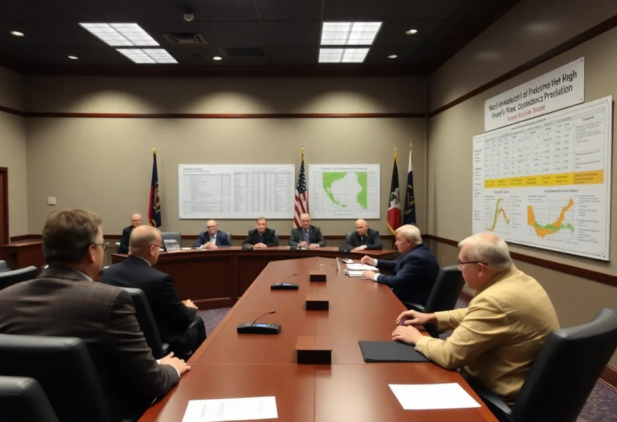 Illustration of a government meeting discussing SNAP funding with state flags and charts.