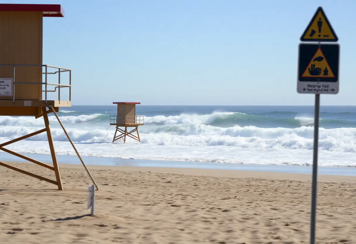 Beach with strong waves and warning signs