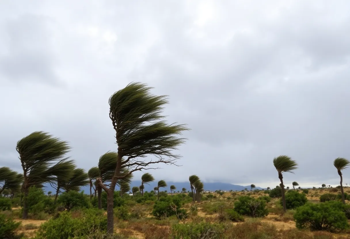 Trees bending under strong winds in Southern California.