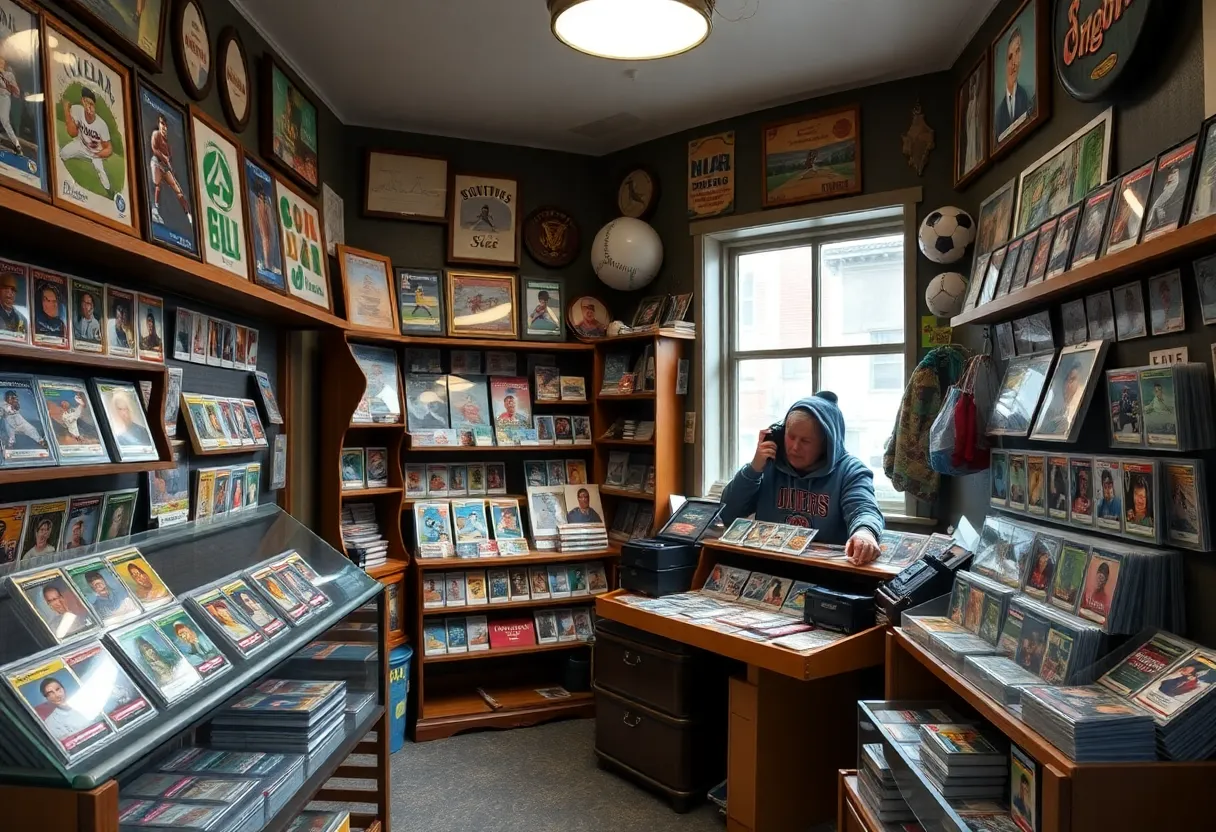 Interior of a sports memorabilia shop displaying trading cards