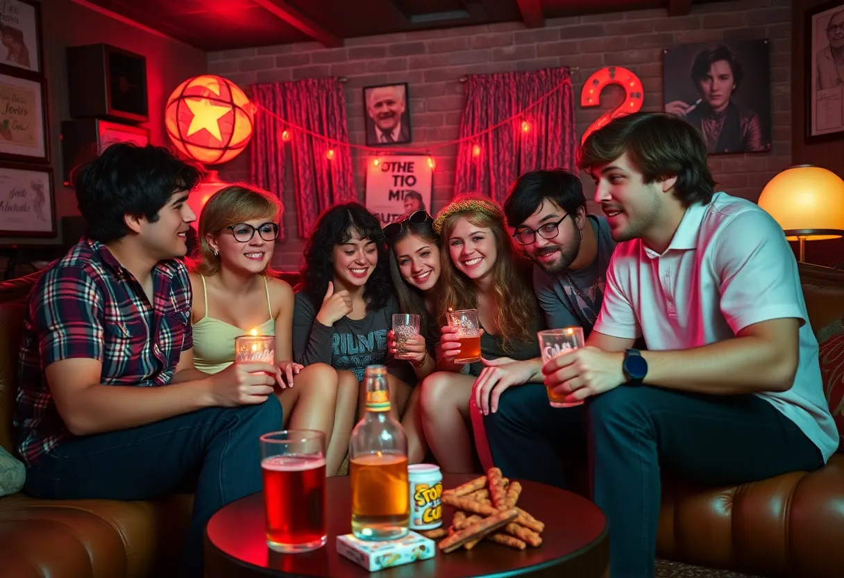 A nostalgic 1980s scene depicting friends enjoying a movie night inspired by Stranger Things.