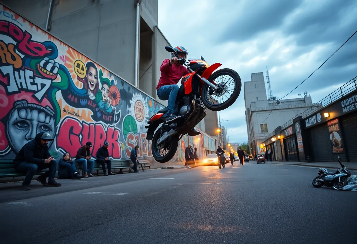 Motorcycle stunt performance highlighting homelessness issues