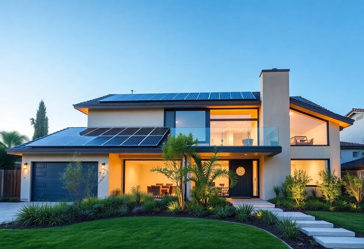 A sustainable home with solar panels and green landscaping in Los Angeles.