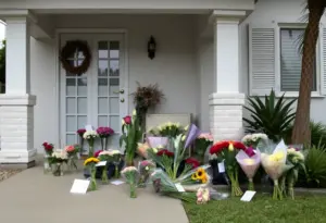 Flowers and memorial notes left outside a home in Los Angeles