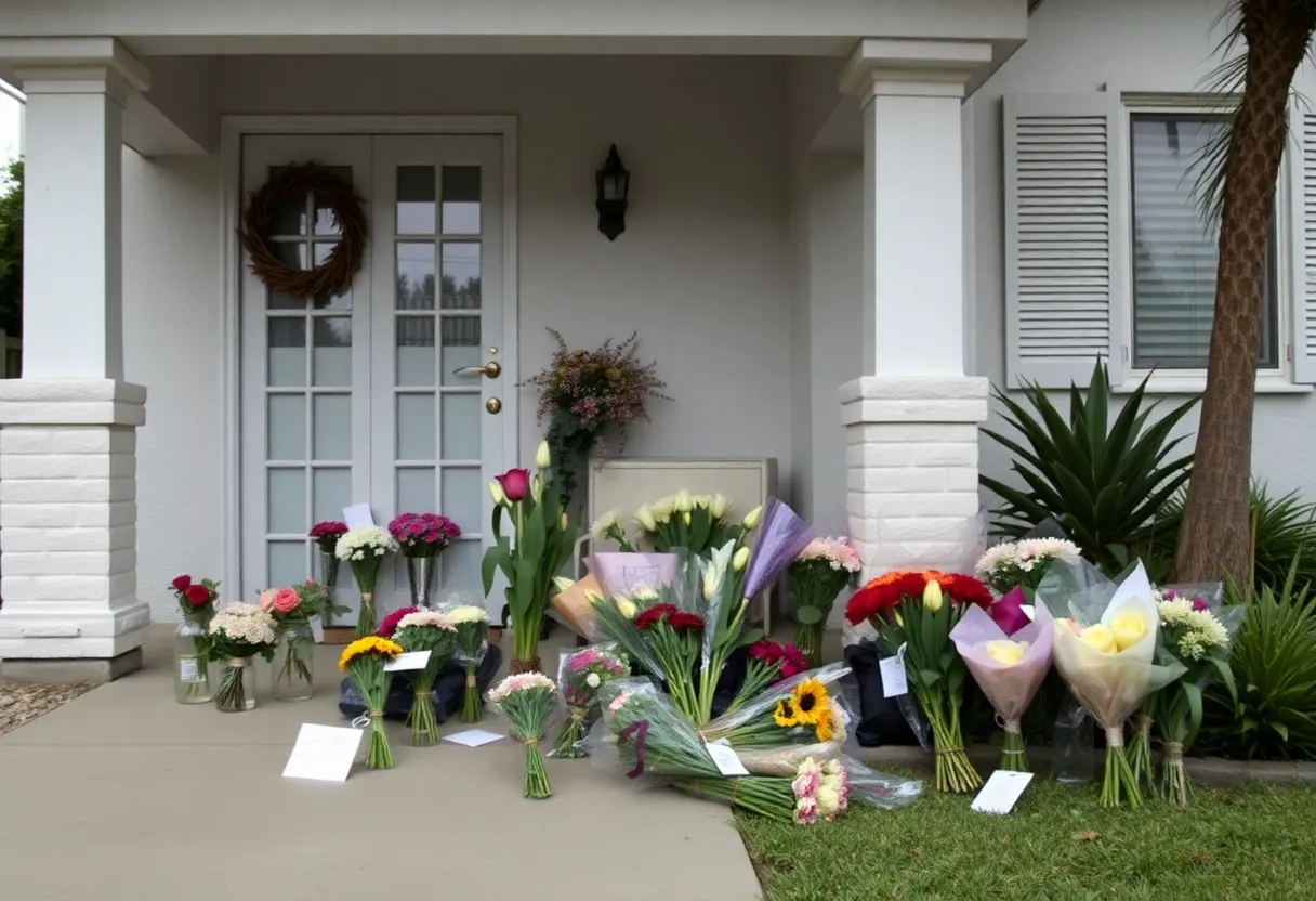 Flowers and memorial notes left outside a home in Los Angeles