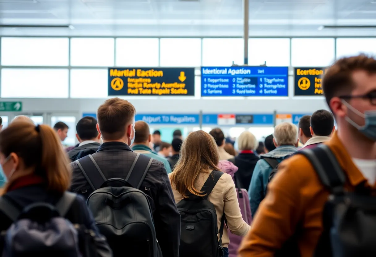 Travelers at an airport check-in desk discussing identification requirements.