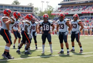 UCLA Bruins football team on the field strategizing for the upcoming season