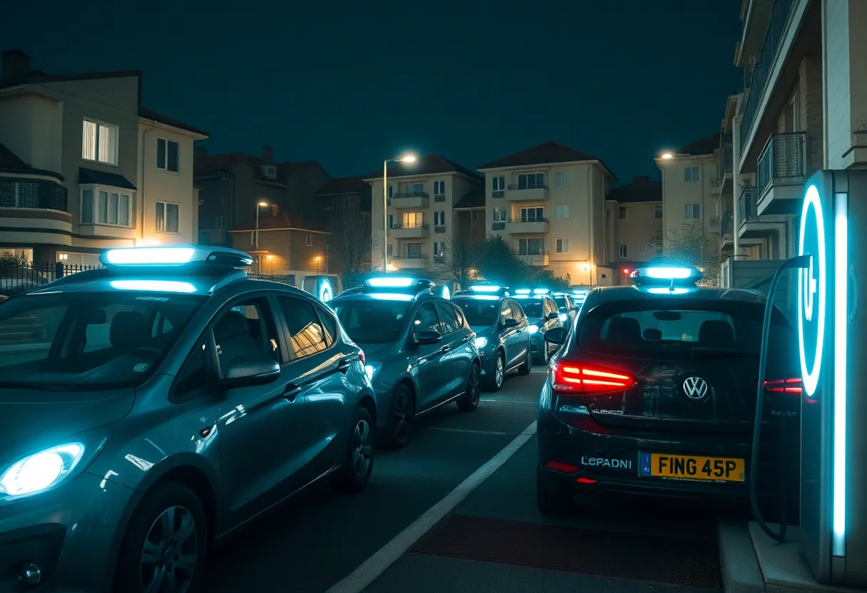 Waymo autonomous vehicles charging at night near residential area.
