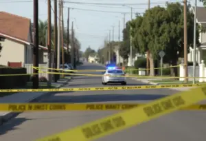 Crime scene in Whittier, CA with police presence.