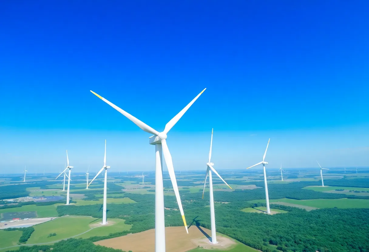 Aerial view of wind turbines in a green landscape
