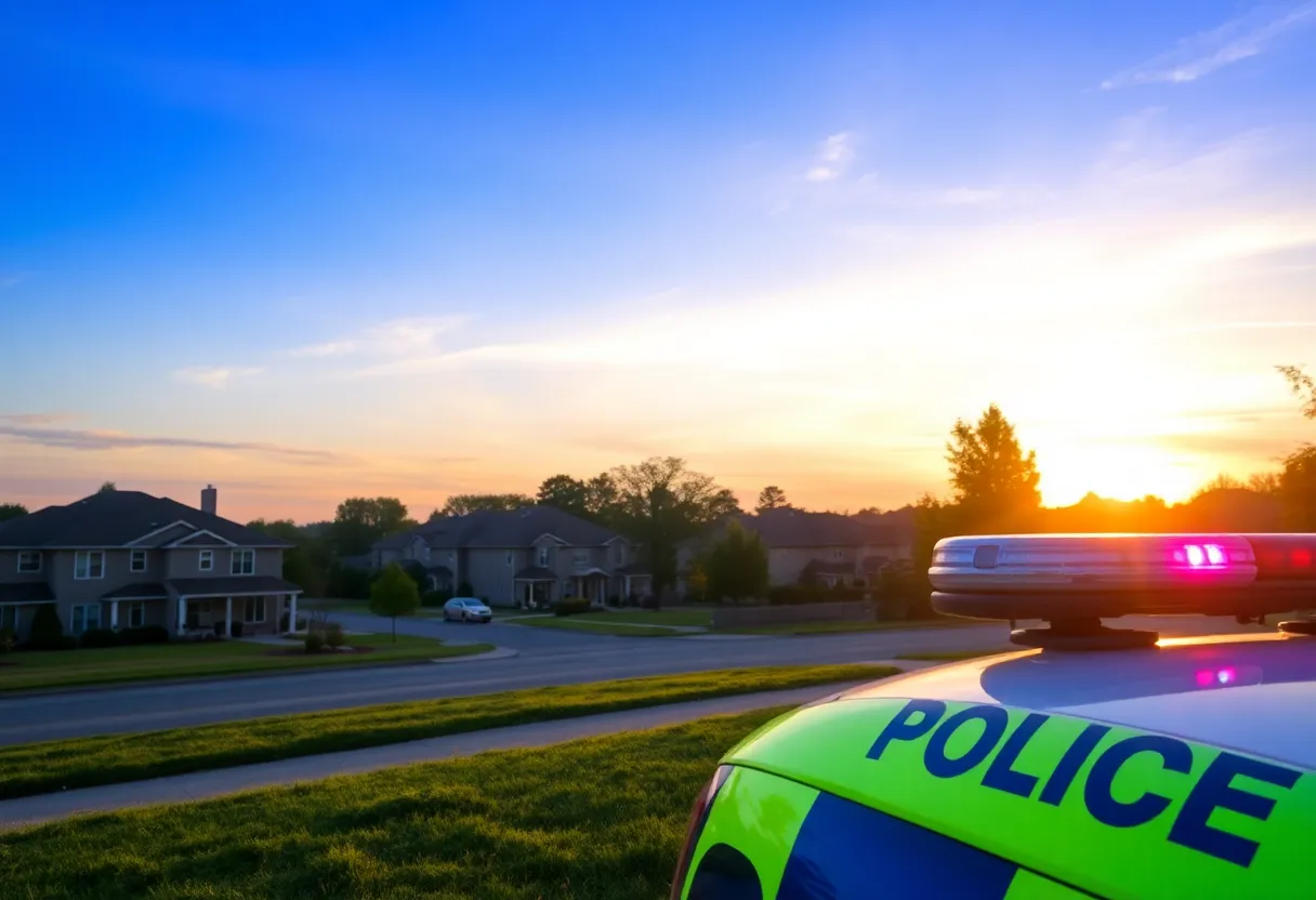 Sunset view of a suburban street with a police presence
