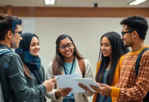 Students discussing college admissions with AI technology.