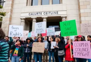 Protesters rally at Stanley Mosk Courthouse for animal rights.