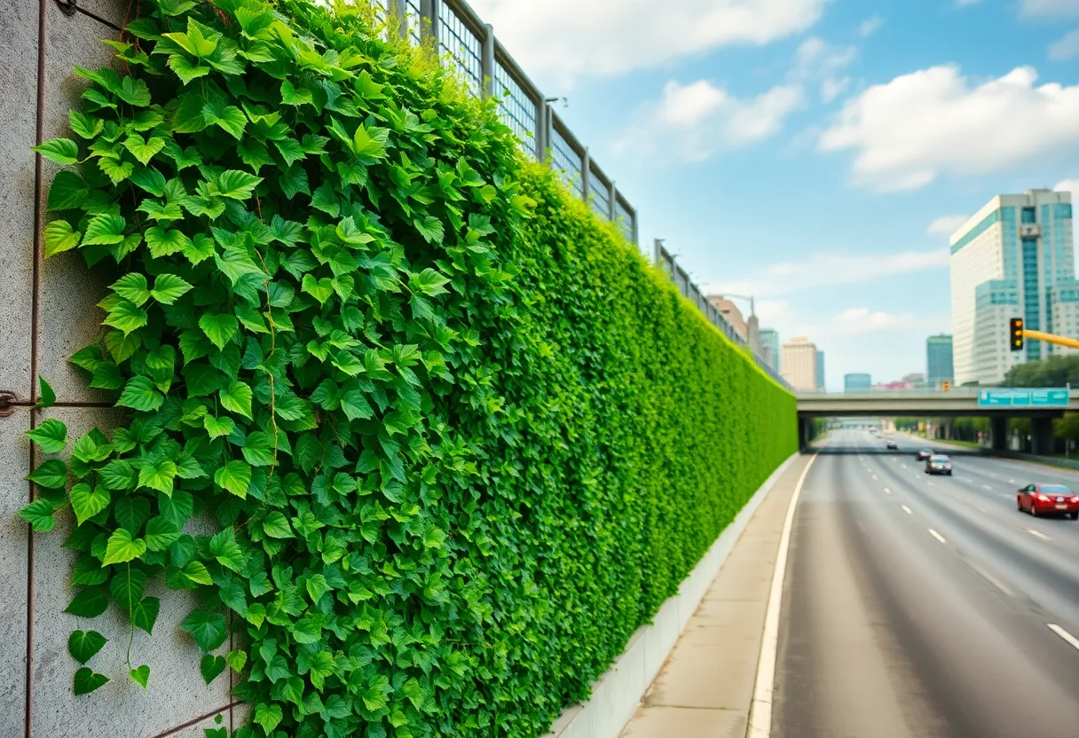 Artificial ivy covering a freeway wall in downtown Los Angeles
