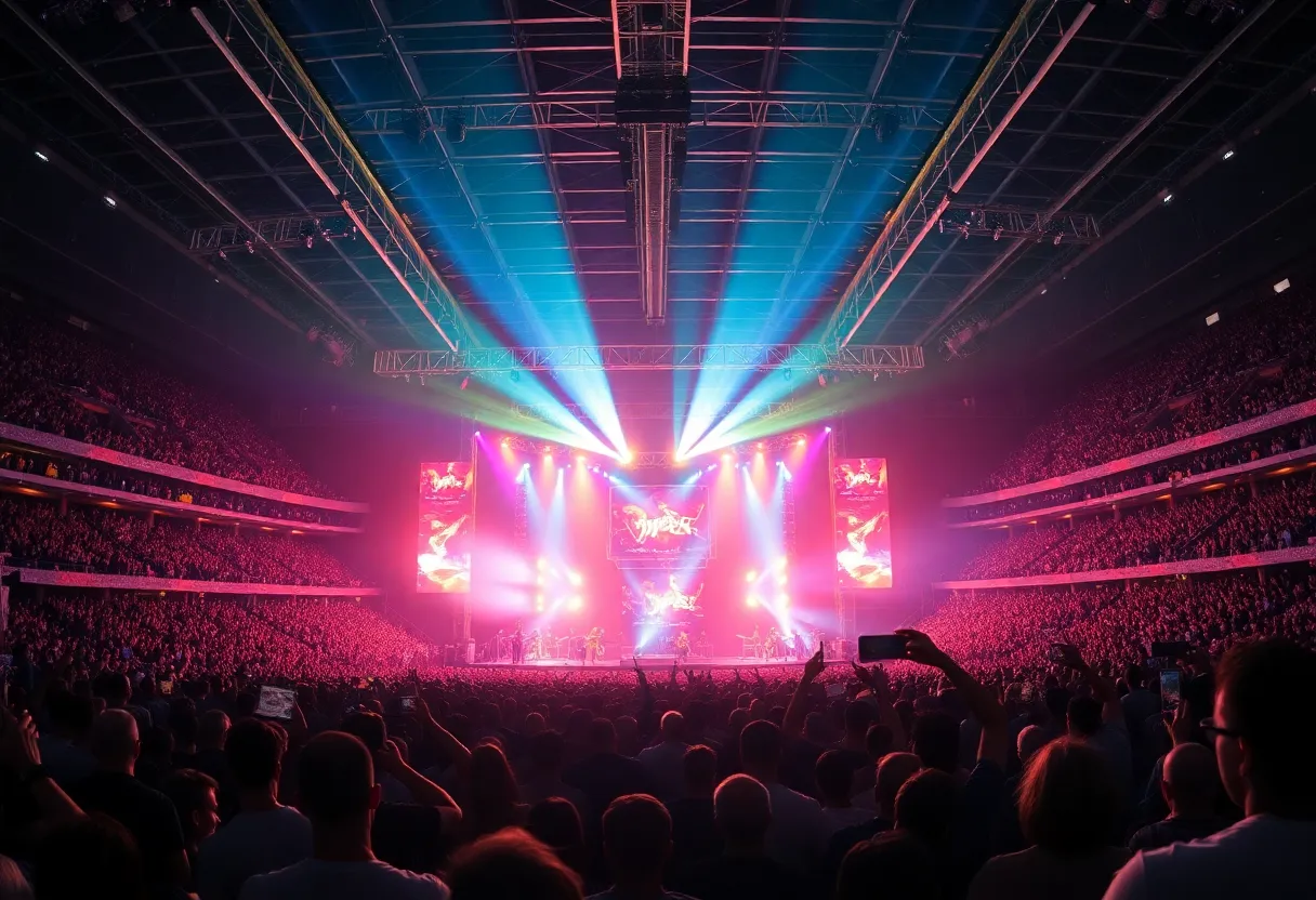 Vibrant concert scene at a stadium with fans enjoying the show