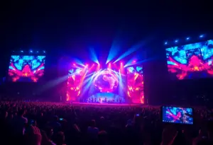 Vibrant concert scene of BTS world tour with audience and stage