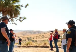 California's landscape featuring a court building with representations of gun rights and public safety advocates.