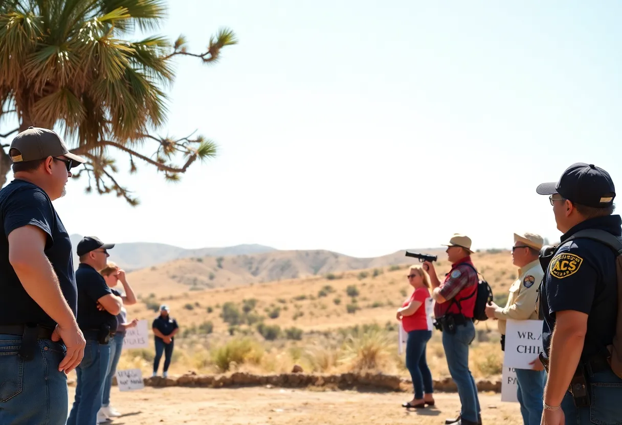 California's landscape featuring a court building with representations of gun rights and public safety advocates.