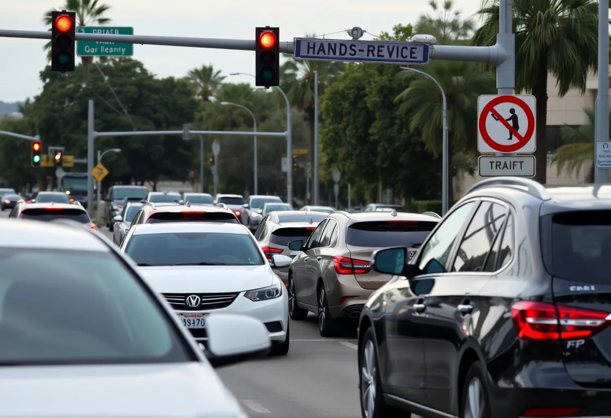 A busy Los Angeles intersection with a focus on safe driving practices.