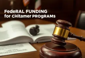 Courtroom setting illustrating a lawsuit about child care funding