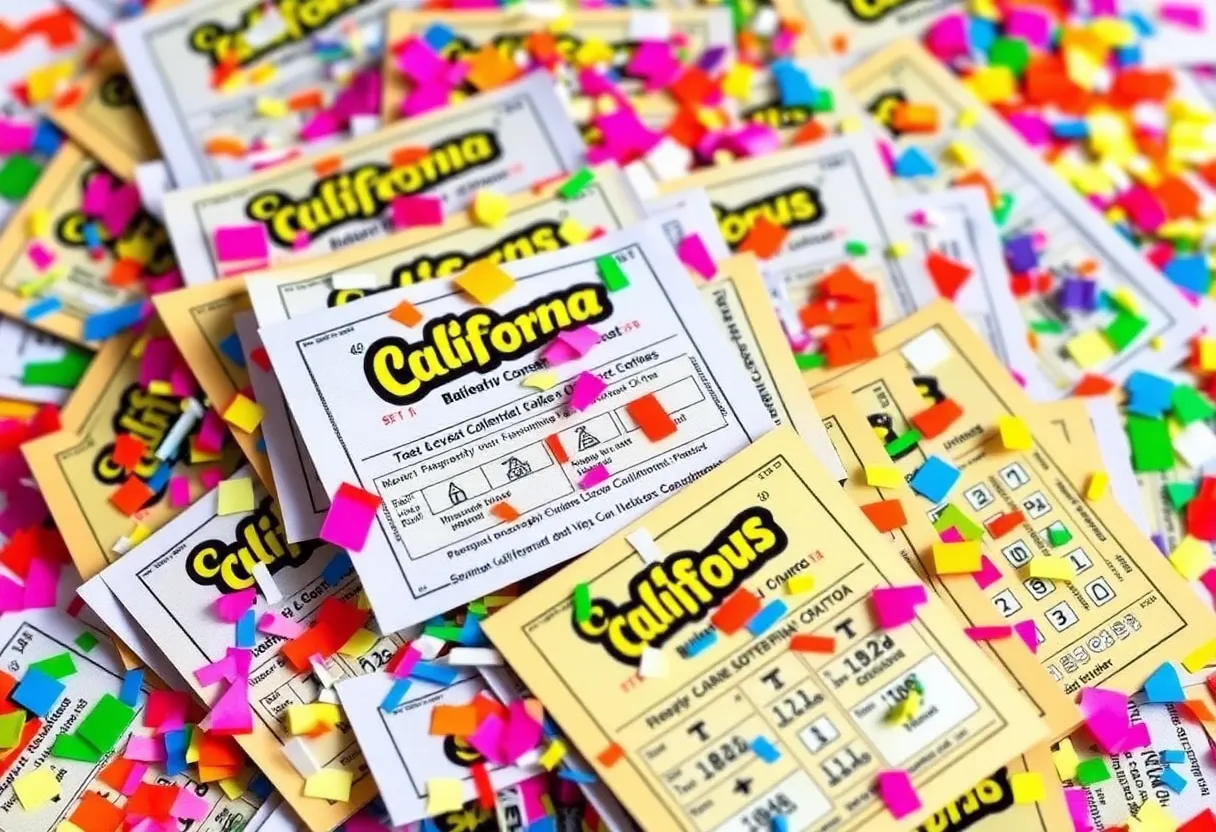 A vibrant collection of California Lottery Scratchers tickets with confetti in the background.