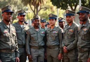California National Guard members standing in formation in Los Angeles