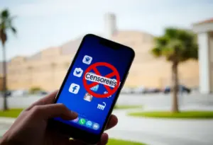 An artistic representation of social media content suppression related to TikTok in California.