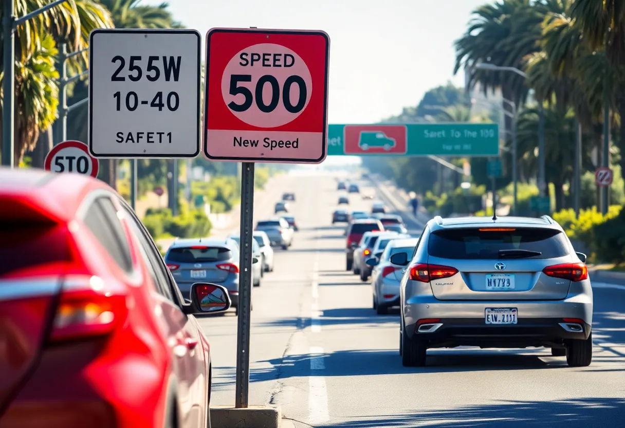 California road displaying new traffic signs and vehicles