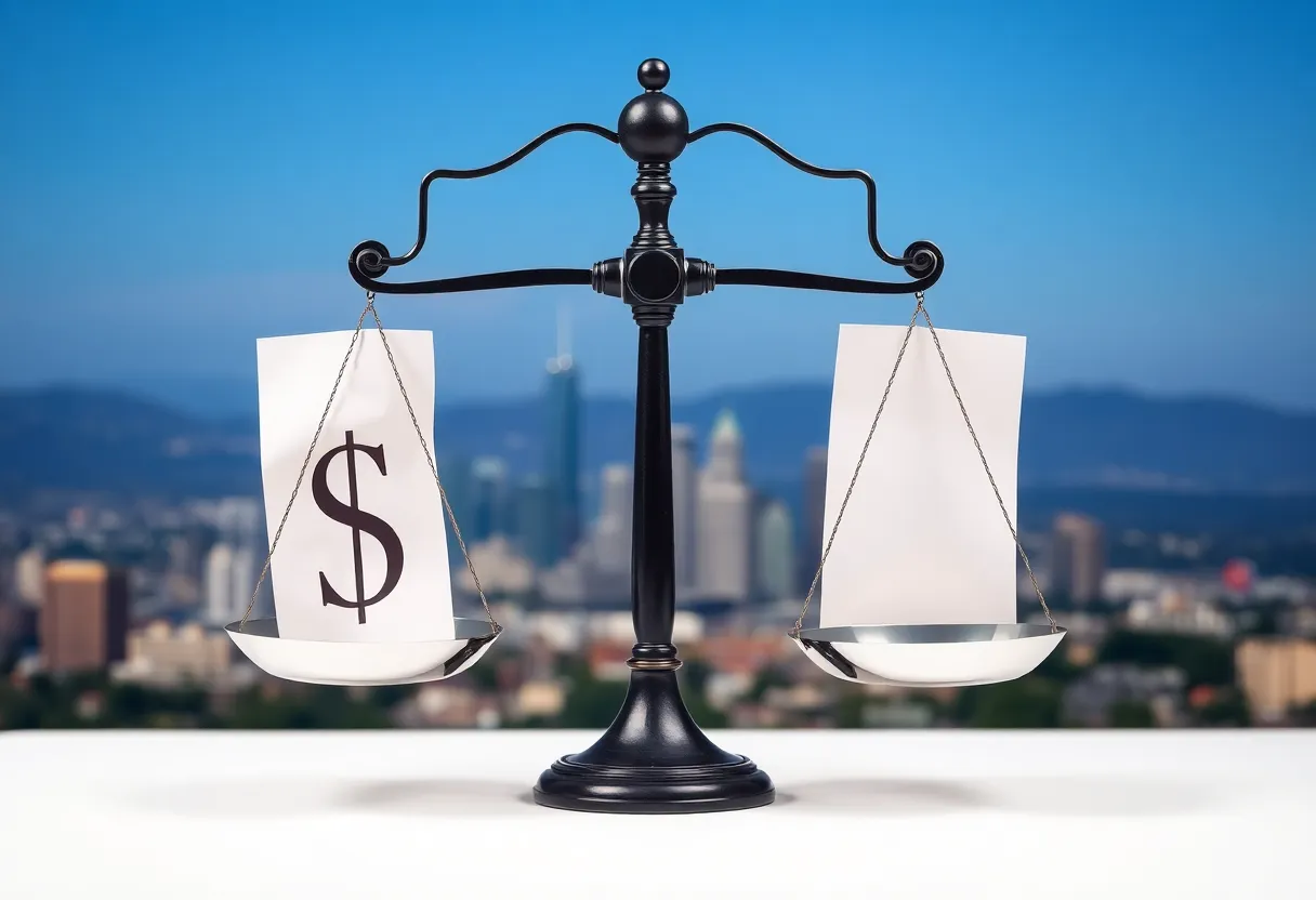 A balance scale depicting wealth distribution in front of the Los Angeles skyline.