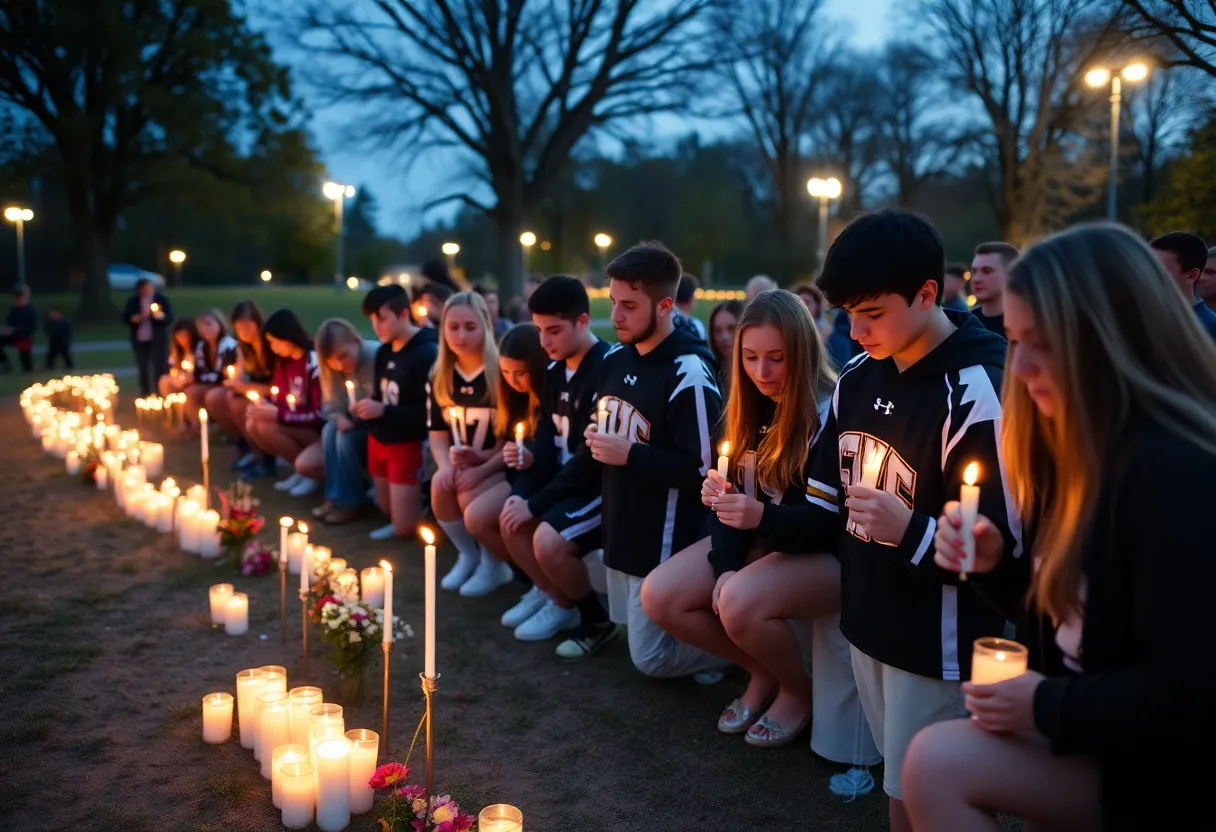 Candlelight memorial with candles and flowers for a young football player