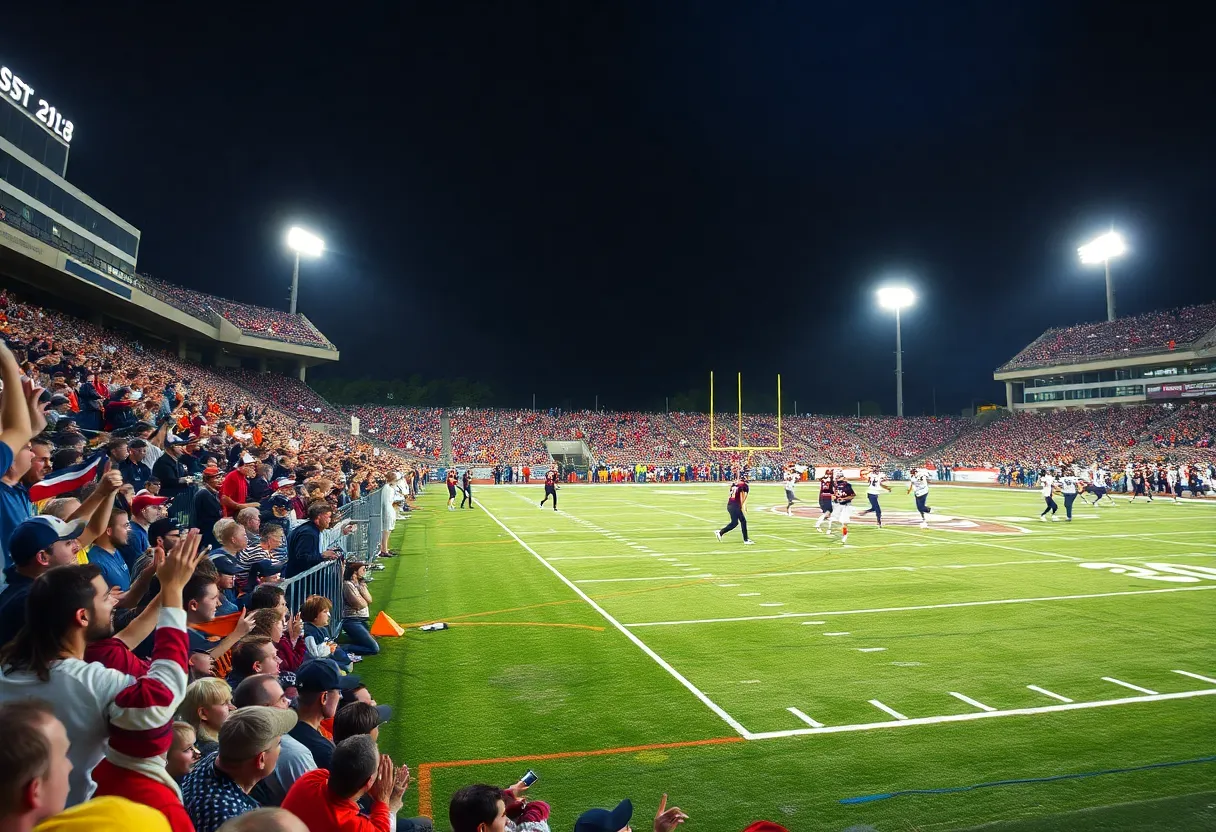 Fans cheering at a college football game during the College Football Playoff quarterfinals.