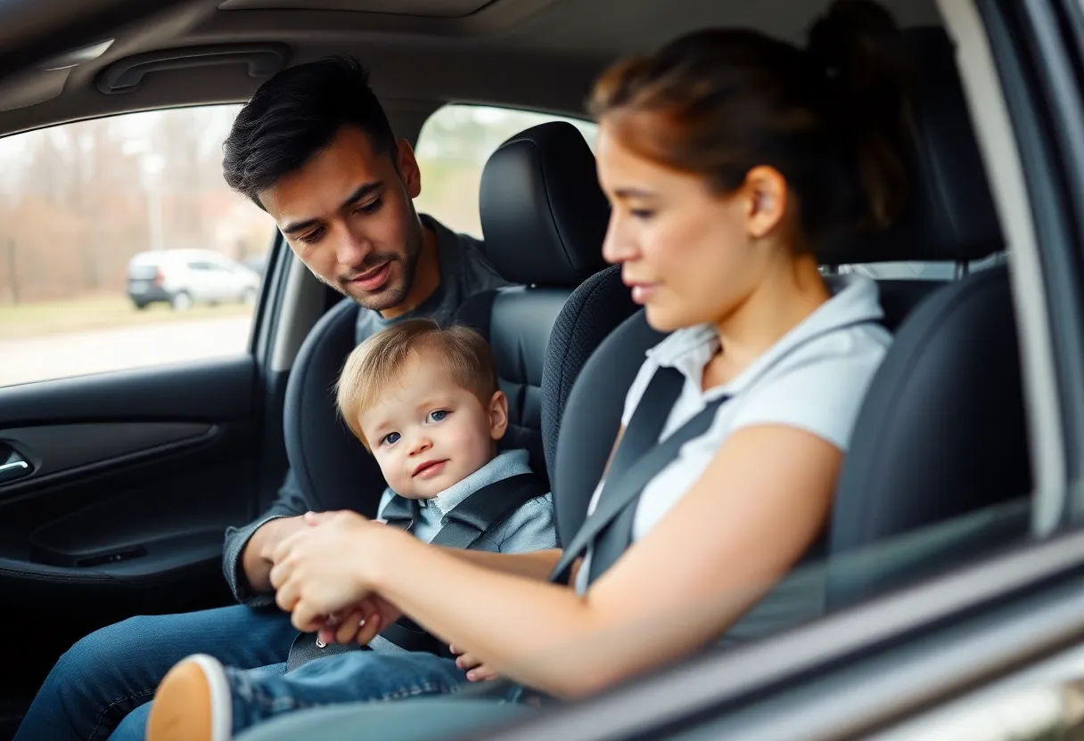 A parent securing a child in a car seat for safety