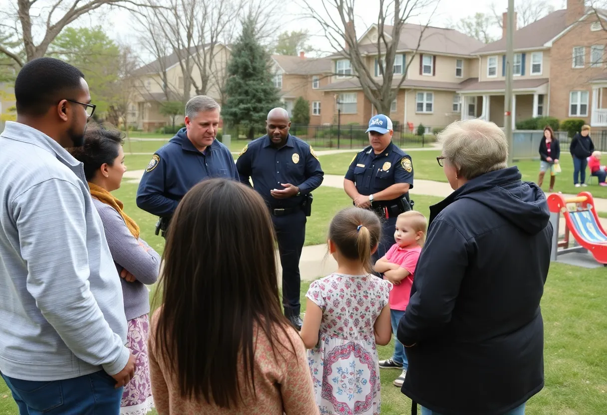Residents discussing child welfare in a community park