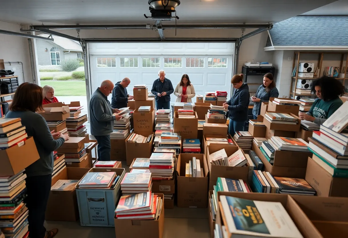 Volunteers sorting books for distribution in a community garage