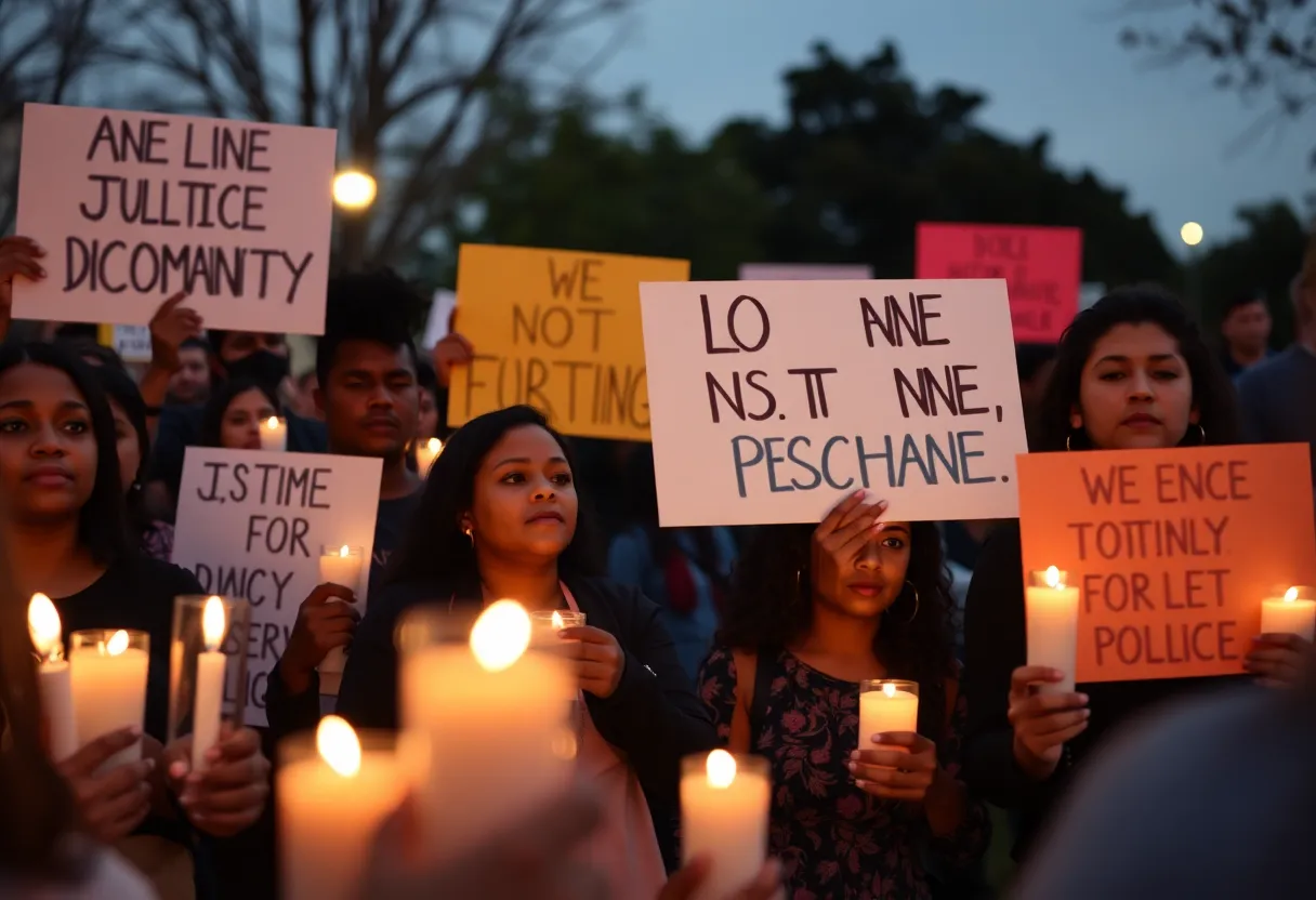 Community members gather for a vigil in Los Angeles holding candles and signs.