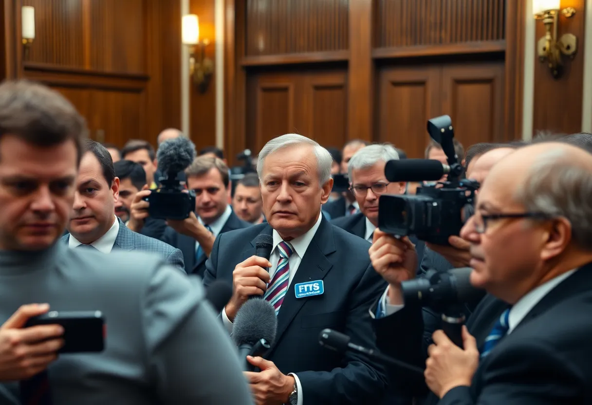 Courtroom filled with reporters, representing press freedom issues