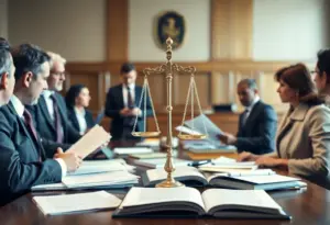 A courtroom scene depicting legal proceedings