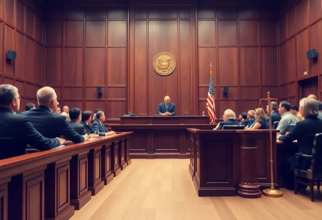 A courtroom with a judge and jury.