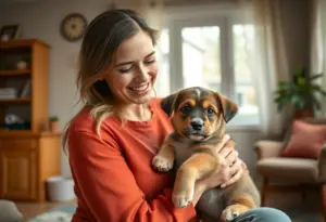Woman with new puppy after experiencing loss
