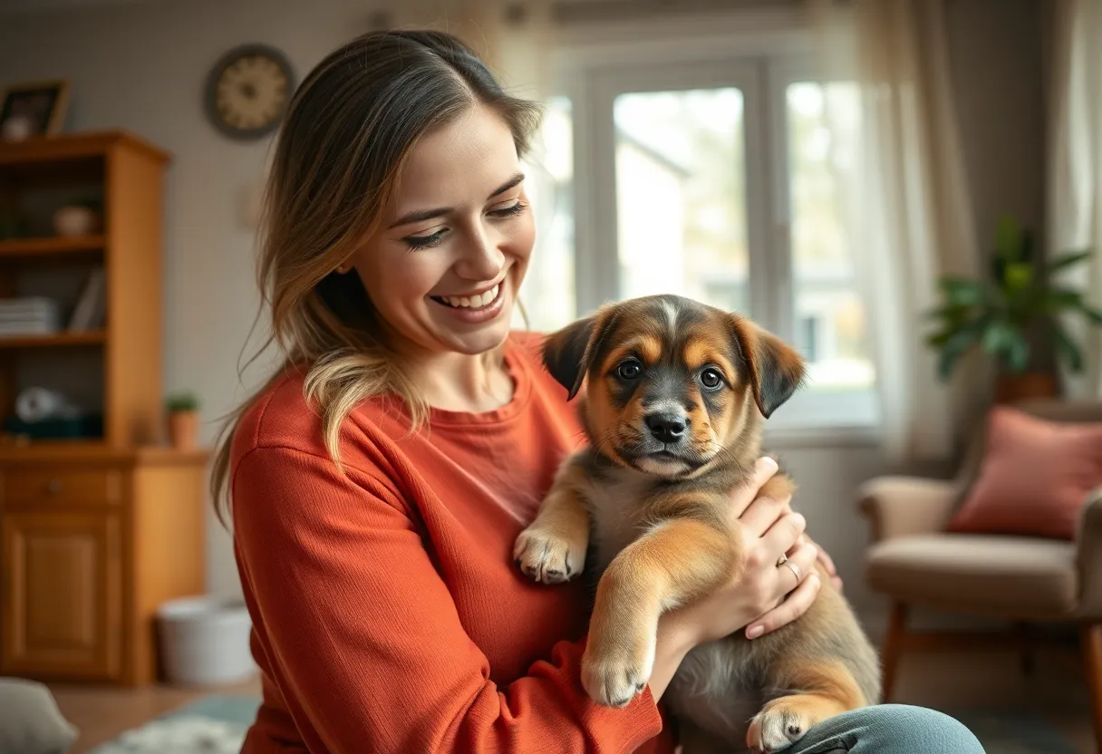 Woman with new puppy after experiencing loss